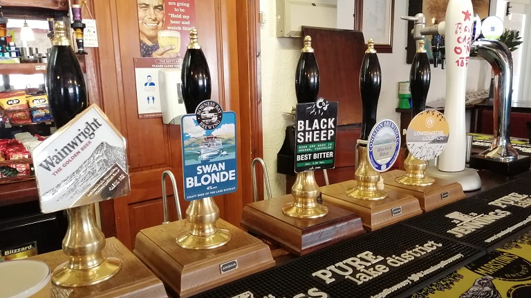 A selection of local beers and ales served on tap at the dog-friendly Ratty Arms pub in Ravenglass in the Lake District